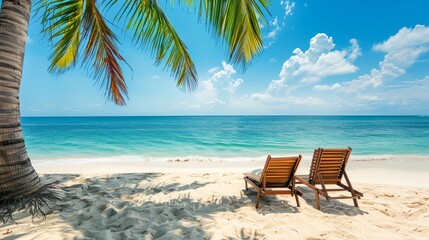 Fototapeta na wymiar two chairs sitting on a beach under a palm tree next to the ocean