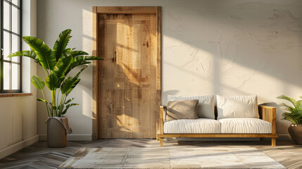 Room with wooden door and plant. Scandinavian entryway, foyer design. Modern contemporary interior design.	