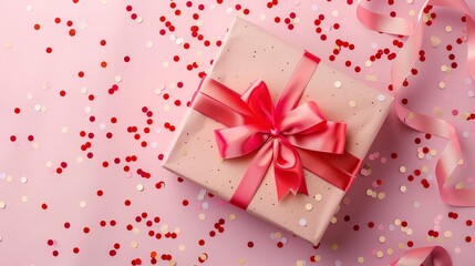 a gift box with a bow on a pink background with confetti - 772526023