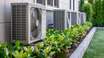 a row of air conditioners sitting on the side of a building next to a green bush and a lawn