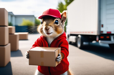Funny squirrel courier in a red cap holds a parcel in his paws 