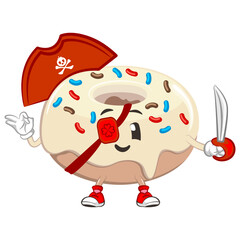 cute donut mascot character vector illustration being a one eye pirate carrying a sword