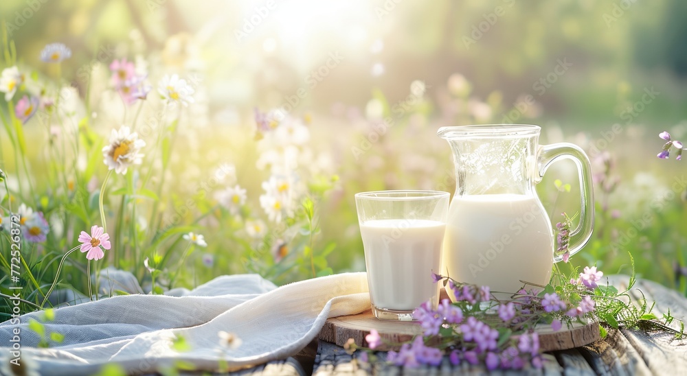 Poster a glass of milk and a pitcher in a field of flowers