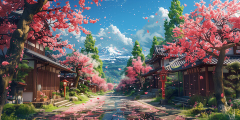Japanese or fantasy eastern landscape. Anime Spring summer autumn art. Beautiful view small town downtown background. Digital painting. Poster, invitation, flyer, banner, header. Generative Ai content - obrazy, fototapety, plakaty