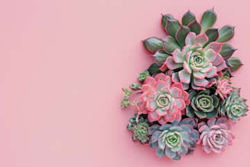 A pink background with a bunch of green and pink flowers