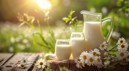 A glass of milk and a pitcher in a field of flowers - obrazy, fototapety, plakaty