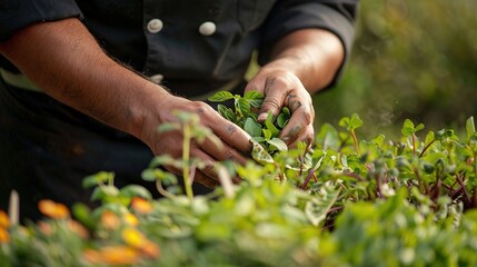 Close-up of a Chef's hands carefully selecting ripe vegetables from lush fields on an organic farm, styled akin to a glossy culinary magazine cover
