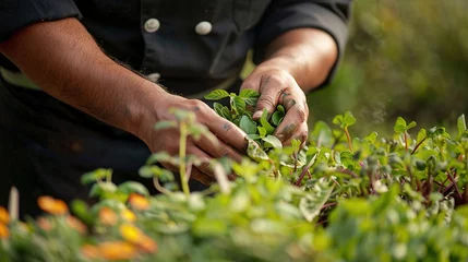 Foto op Canvas Close-up of a Chef's hands carefully selecting ripe vegetables from lush fields on an organic farm, styled akin to a glossy culinary magazine cover © anupdebnath