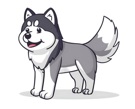 Cute gray and white husky standing in the style of a cartoon vector illustration on a solid white background