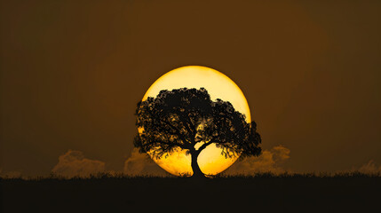 A striking image of a tree silhouette in front of a massive glowing orb, symbolizing life and energy against the backdrop of the cosmos