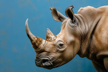 Muurstickers Close-up of a majestic rhino against a vibrant blue background © Umar