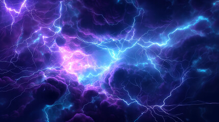 Electric Lightning Storm in Purple Sky. Dramatic scene of vibrant purple lightning bolts streaking across a stormy sky. - obrazy, fototapety, plakaty
