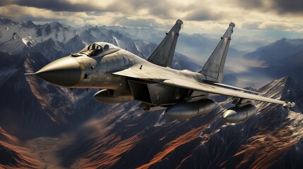 Eagles ascent military fighter jet soars over majestic mountain range, showcasing power and speed - obrazy, fototapety, plakaty