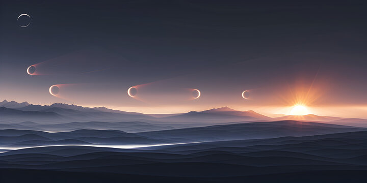 A dreamlike landscape depicting a serene sea under a sky with multiple moons at sunrise, invoking a peaceful yet otherworldly vibe