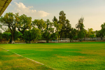 Imagen horizontal del paisaje de un campo de futbol o Soccer al atardecer © Paul