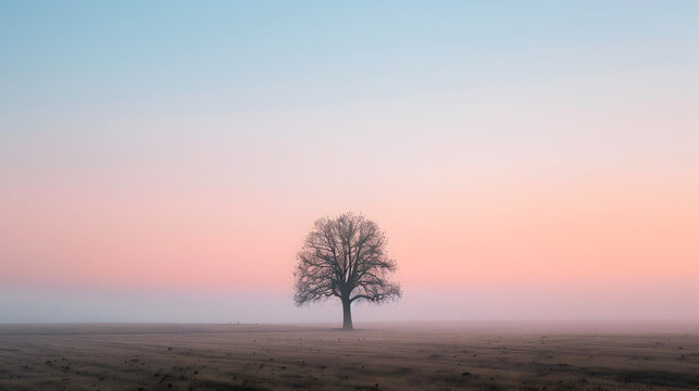 The serene ambiance of a lone tree in a fog-covered field during a misty morning dawn