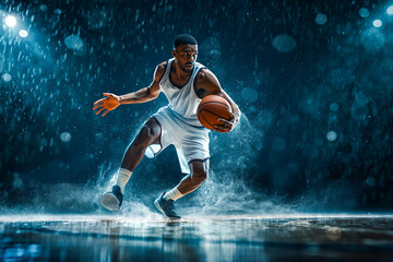 Handsome basketball player with a ball in action on floodlight professional basketball court.