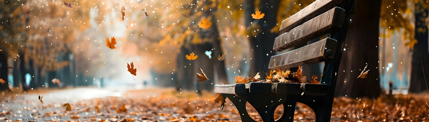 Naklejka na ściany i meble An evocative autumn park scene with leaves falling around an empty bench amidst falling leaves