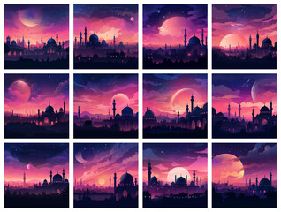 Islamic Night A majestic mosque illuminated against the night sky with a crescent moon