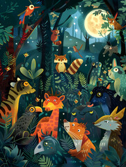 Charming illustration featuring nocturnal animals engaged in nightly activities under a luminous moon