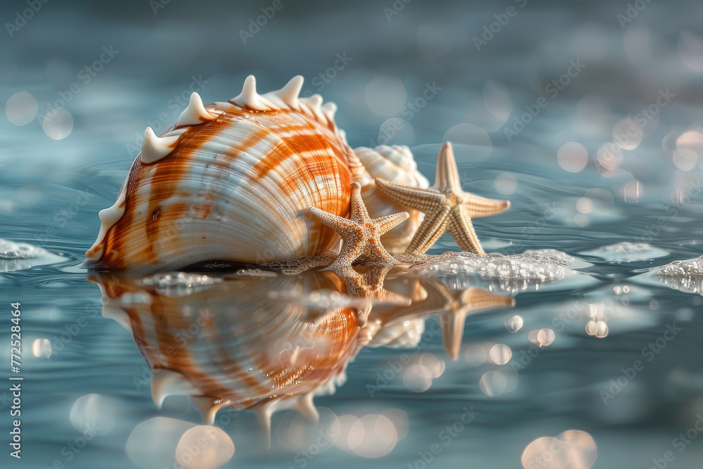 Poster a shell and two starfish are floating in the water