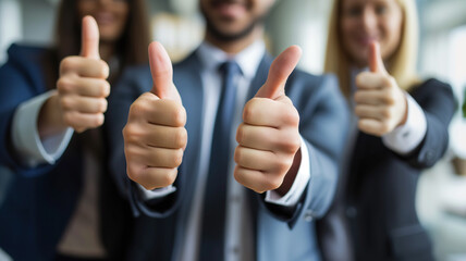 Closeup on smiling business people's hands with thumbs up