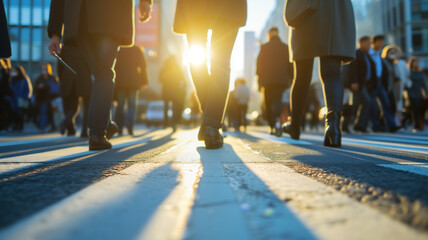 Closeup on the legs of people crossing the street in a city, sunlight effect