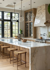 Modern minimalist interior design of kitchen with island. Interior design. Contemporary, sleek, elegant and modern.