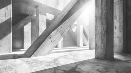 Abstract architecture background, empty rough concrete interior with diagonal columns. 3d illustration