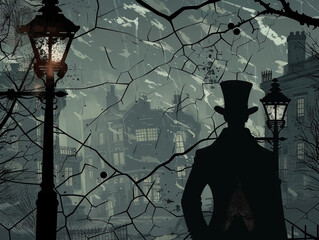 Victorian man of mystery on dark street - obrazy, fototapety, plakaty