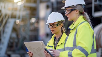 Supervisors using laptop at construction site
