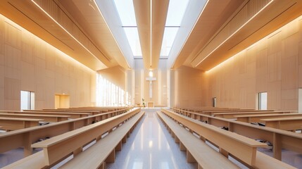 Interior view of a modern church with empty pews