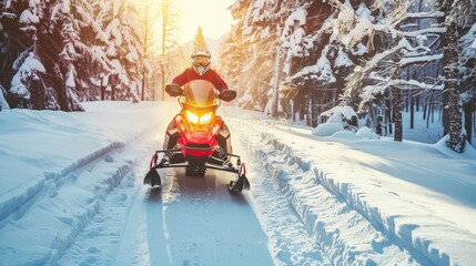 Couple driving snowmobile on snow covered track