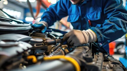 Cropped image of automobile mechanic repairing car in automobile store