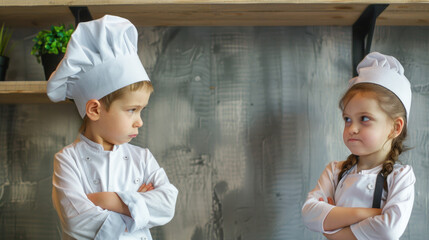 Supercilious little boy chef standing proudly with folded arms looking down on a cute little girl also in chefs uniform - obrazy, fototapety, plakaty