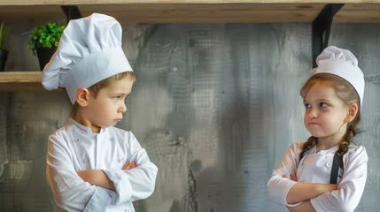 Tuinposter Supercilious little boy chef standing proudly with folded arms looking down on a cute little girl also in chefs uniform © romanets_v