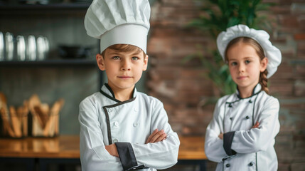 Supercilious little boy chef standing proudly with folded arms looking down on a cute little girl also in chefs uniform