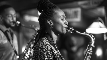 Female singer and saxophonist performing at the jazz club