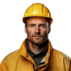 The engineer with facial hair is wearing a yellow hard hat and a matching jacket while on the worksite on transparent