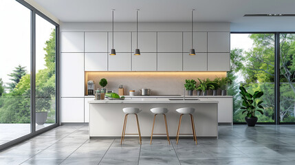 Modern minimalist interior design of kitchen with island. Interior design. Contemporary, sleek, elegant and modern.