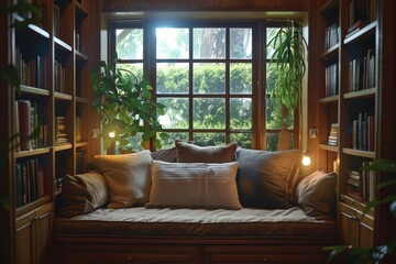 Fototapeta premium Tranquil Window Seat Reading Nook with Built-In Shelves and Plant Views