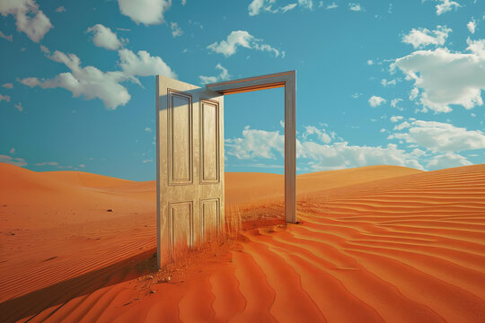 A door is open in a desert, with a large archway in the middle