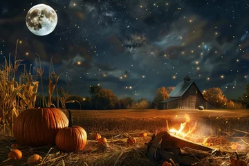 Foto op Aluminium Moonlit harvest night - pumpkins, corn, wheat, stars, bonfire, barn - autumn nostalgia scene © Mikhail Vorobev