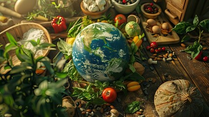 A globe surrounded by a variety of fresh foods on a wooden table