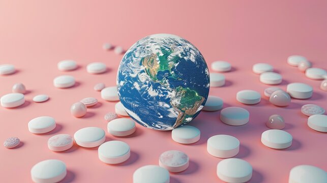 A 3D-rendered image showing Earth surrounded by various pills on a pink background