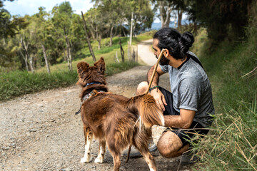 attentive border collie dog ready to run with adult mongrel man
