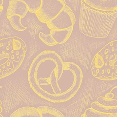 Seamless pattern with croissants, cakes, cheesecakes, rolls and other sweet pastries, graphic illustration. Suitable for interior, wallpaper, fabrics, clothing, stationery.