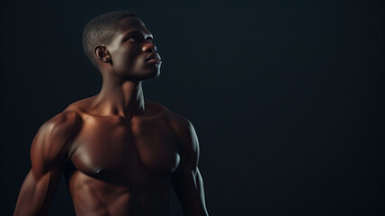 Fototapeta na wymiar An athletic beauty black man with a bare chest on a black background