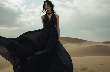 A beautiful woman with black dress, posing and standing, in sunny day, heatwave, in a desert dune,...