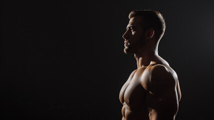 An athletic man with a bare chest on a black background, copyspace - obrazy, fototapety, plakaty